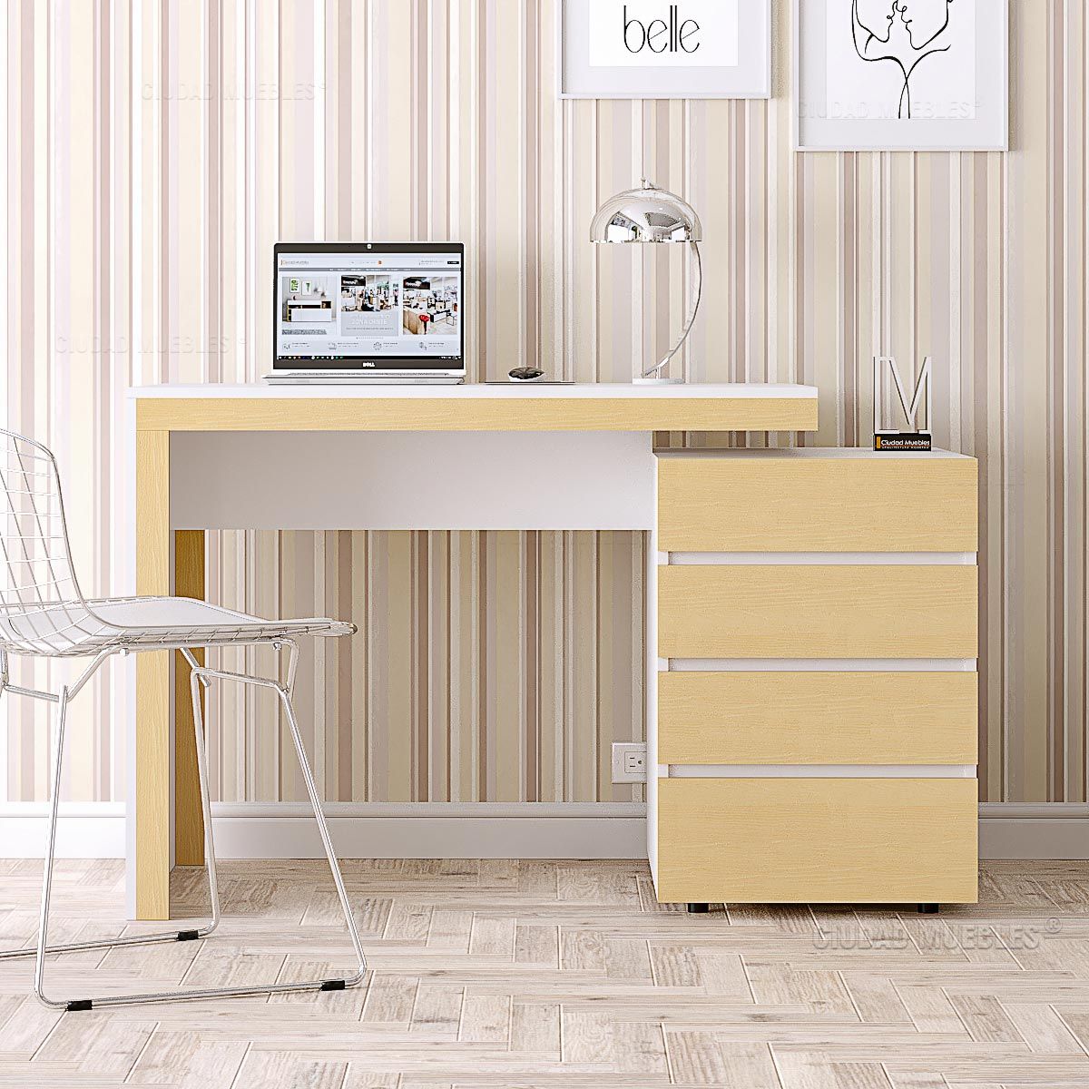 TU MESITA - Escritorio Minimalista Ivana 4 Cajones Blanco con Haya TU MESITA