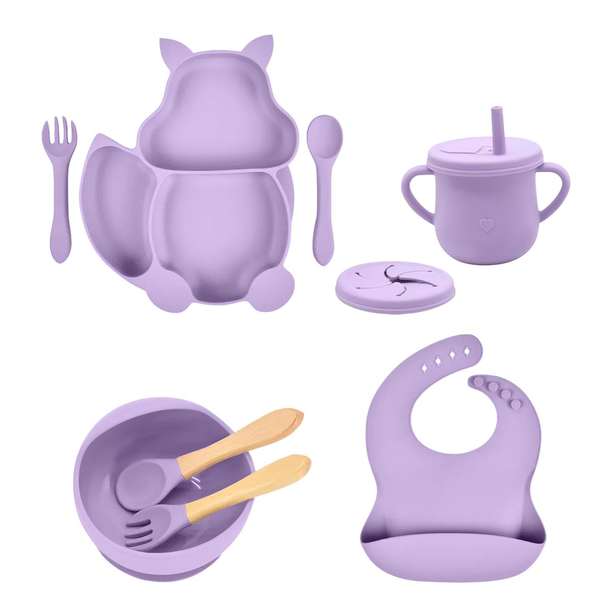 BABYPAL - Set de Alimentacion Ardilla Bebe Silicona 10 Piezas Morado