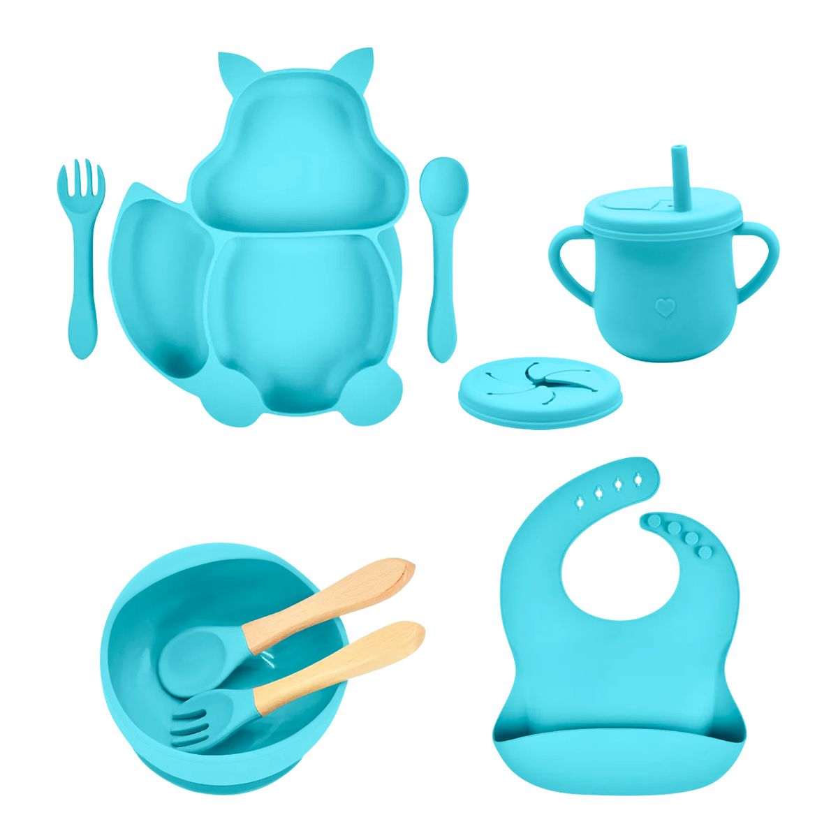 BABYPAL - Set de Alimentacion Ardilla Bebe Silicona 10 Piezas Celeste
