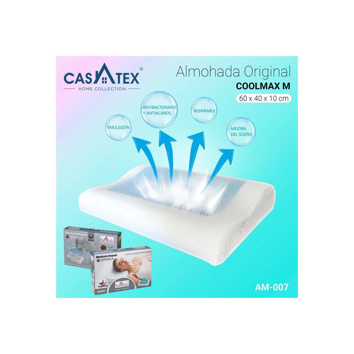 CASATEX - Almohada Viscoelástica Original CON GEL COOLMAX BAMBU 60cm x 40cm 10cm.