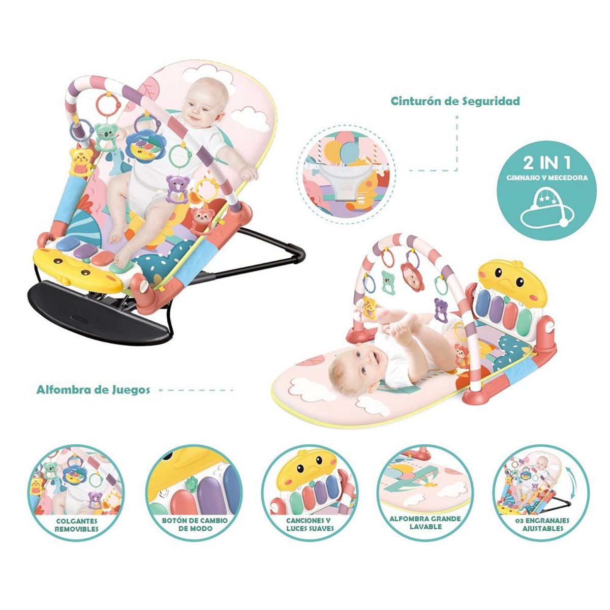 GENERICO - GIMNASIO MULTIFUNCIONAL DIDACTICO MECEDOR BEBE - ROSA 2EN1