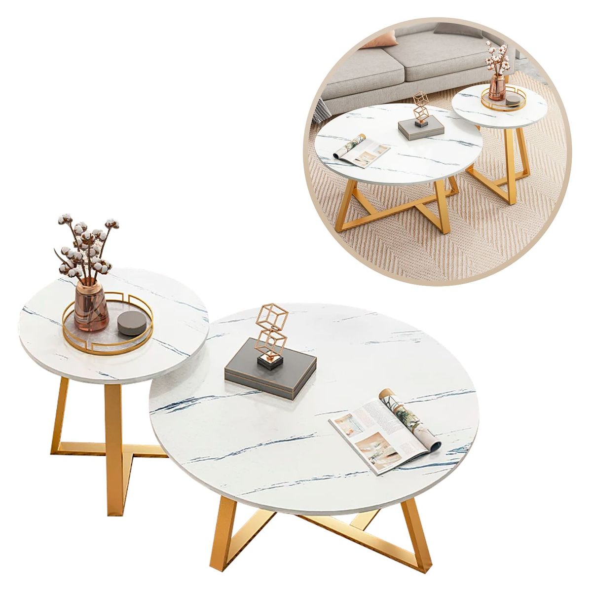 BUYPAL - Mesa de Centro Moderna de Metal y Madera 2 Piezas