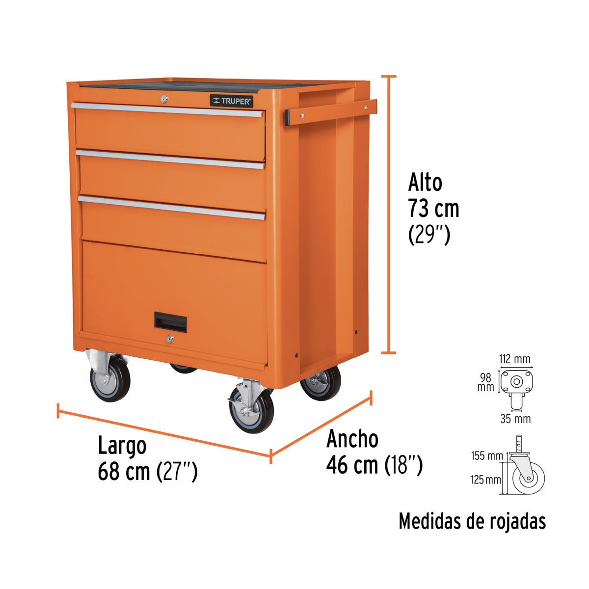 TRUPER - Gabinete metálico móvil, 4 cajones, capacidad 90 kg 12066 Truper