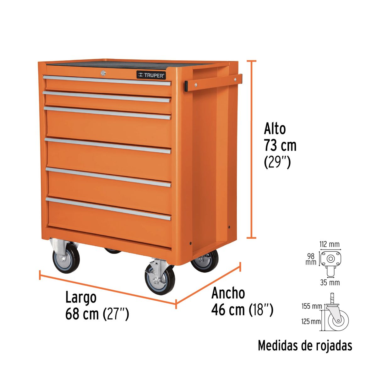 TRUPER - Gabinete metálico móvil, 6 cajones, capacidad 130 kg 12067 Truper