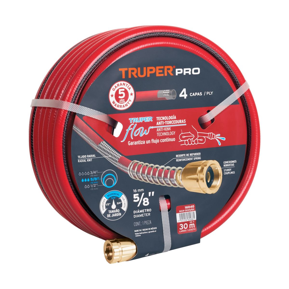 TRUPER - Manguera 5/8" super reforzada 4 capas 30 m conexiones metal Truper