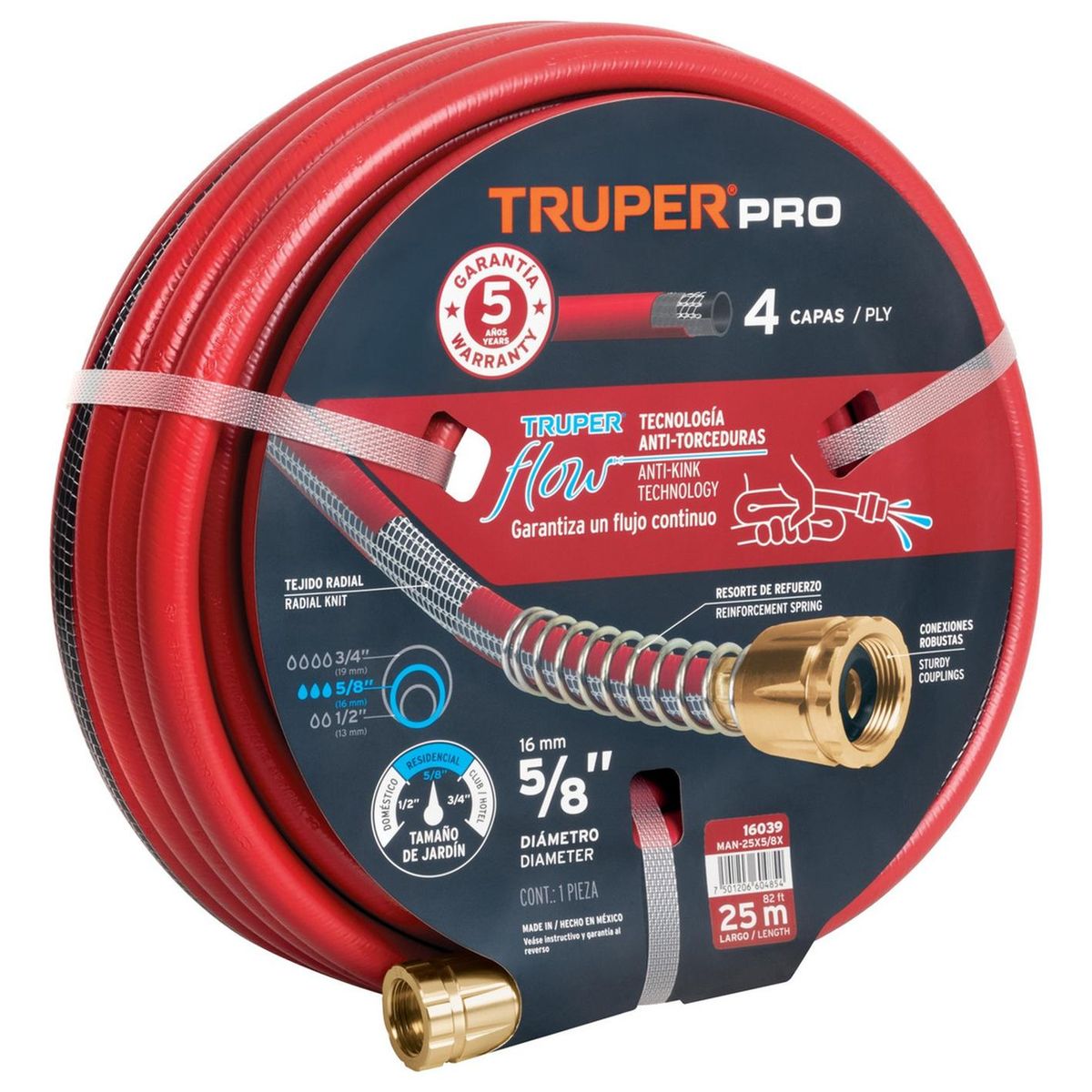 TRUPER - Manguera 5/8" super reforzada 4 capas 25 m conexiones metal Truper