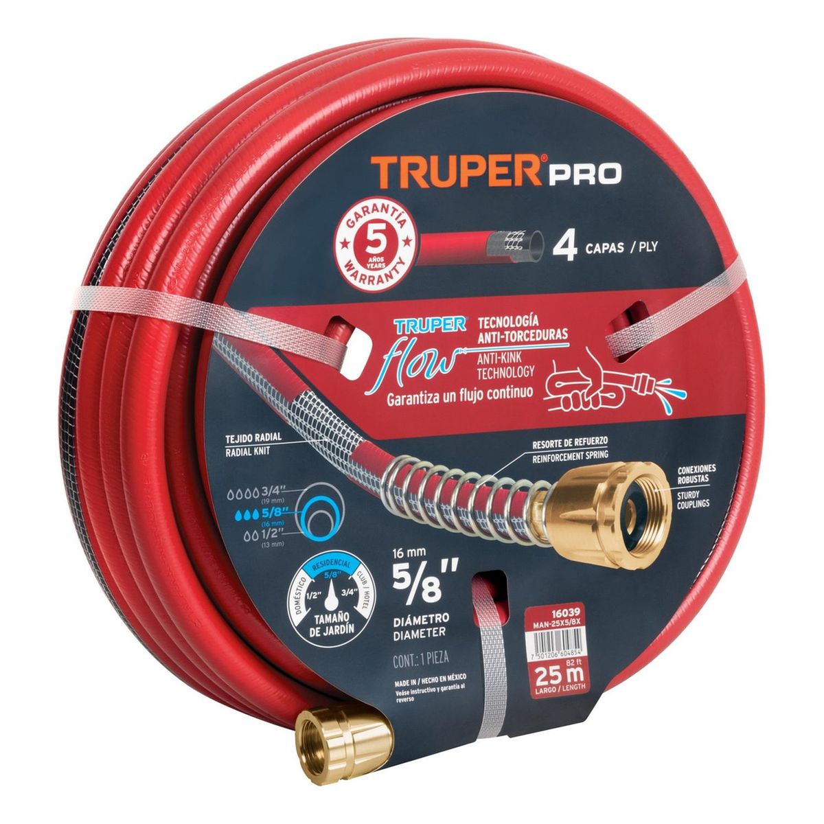 TRUPER - Manguera 5/8" super reforzada 4 capas 25 m conexiones metal Truper