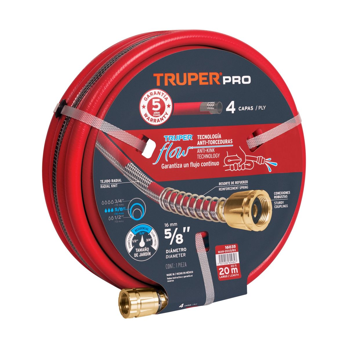 TRUPER - Manguera 5/8" super reforzada 4 capas 20 m conexiones metal Truper