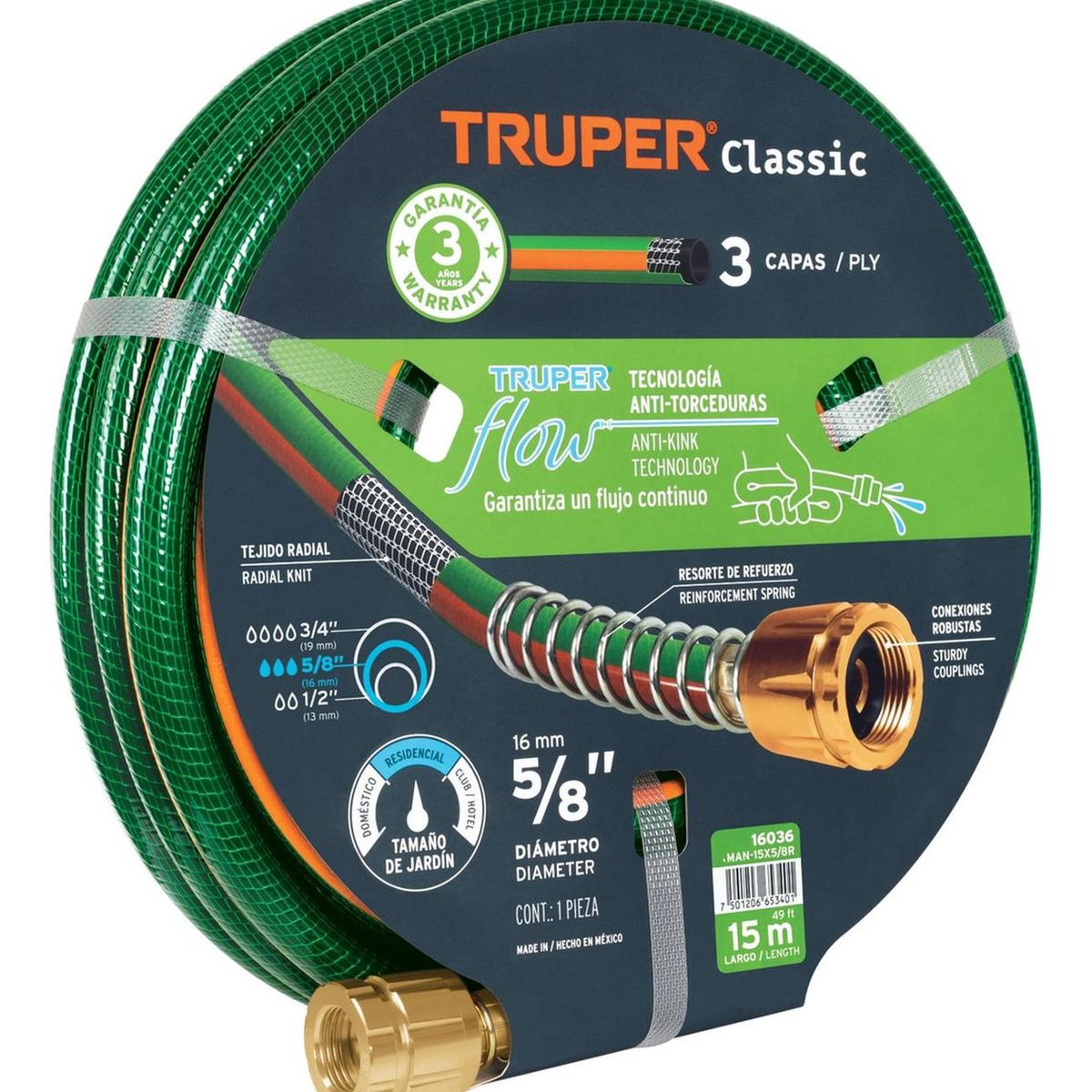 TRUPER - Manguera 5/8" reforzada 3 capas 15 m conexiones de metal Truper