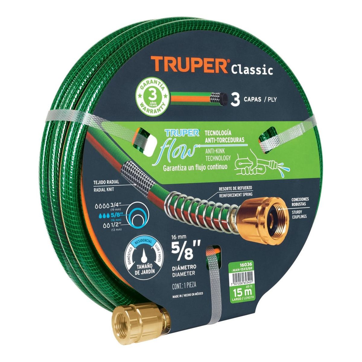 TRUPER - Manguera 5/8" reforzada 3 capas 15 m conexiones de metal Truper