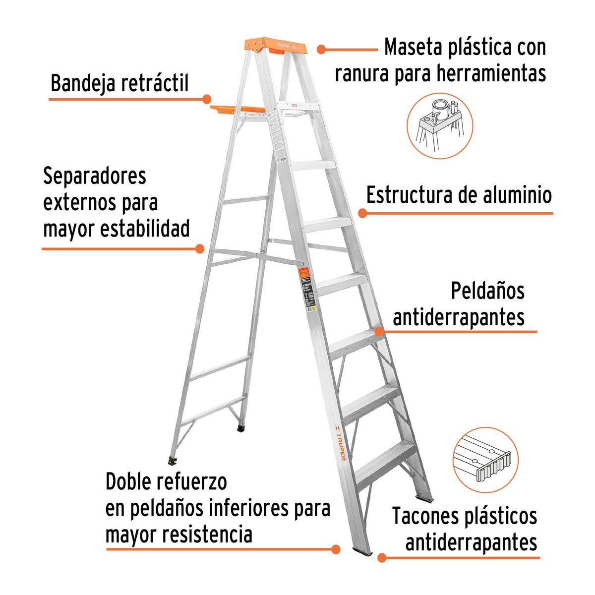 TRUPER - Escalera de tijera tipo ll 7 peldaños y bandeja, Truper