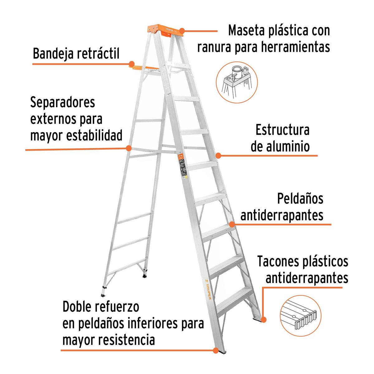 TRUPER - Escalera de tijera tipo ll 8 peldaños y bandeja