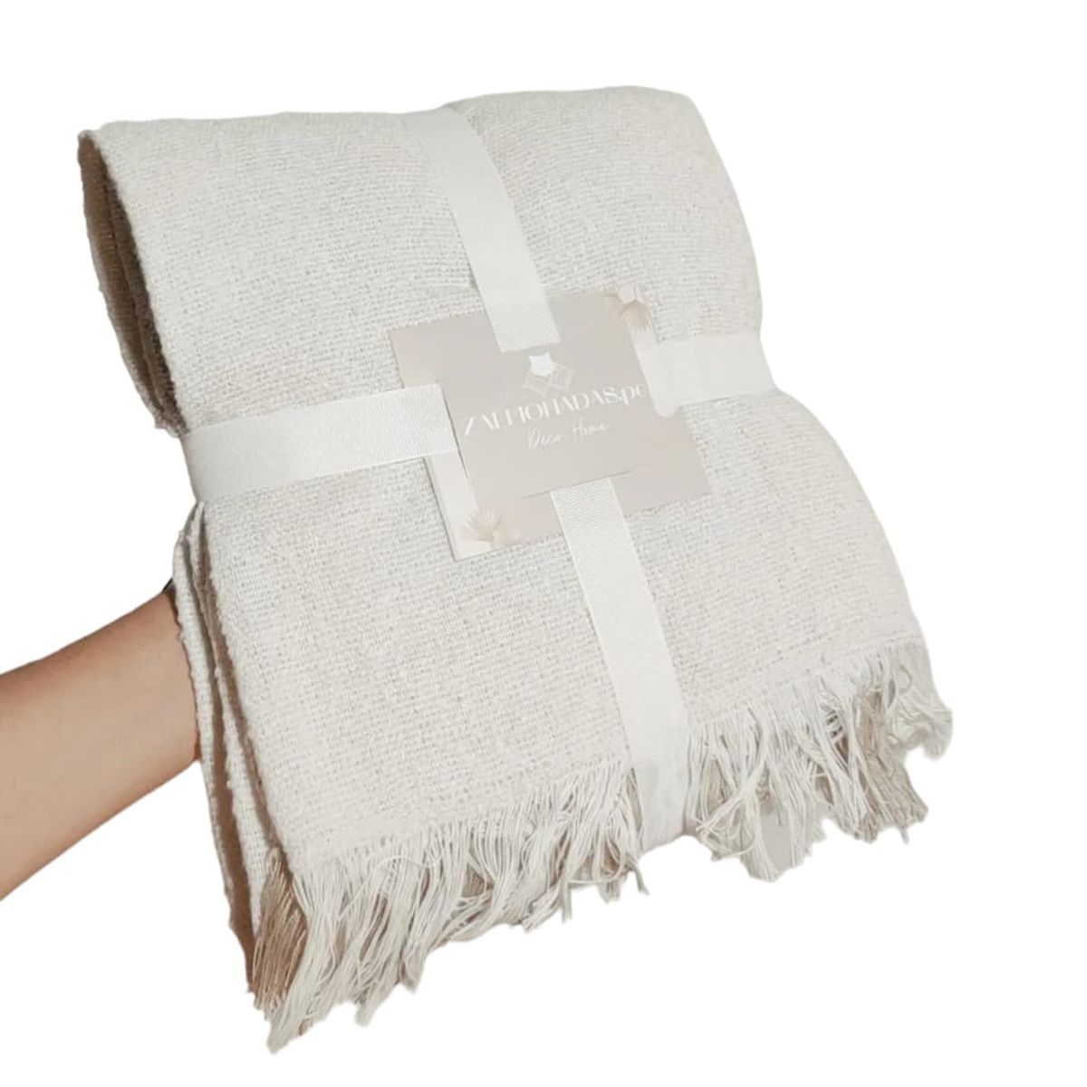 GENERICO - MANTA DECORATIVA TEJIDA BOHO COLOR HUESO BEIGE DUOTONO