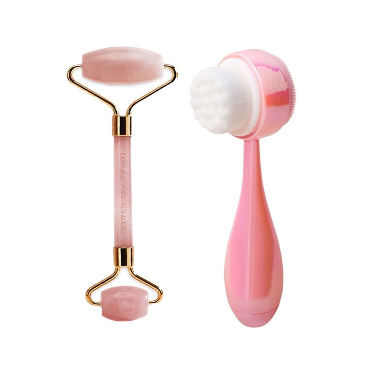 GENERICO - Rodillo Facial de Cuarzo Rosa y Cepillo Facial
