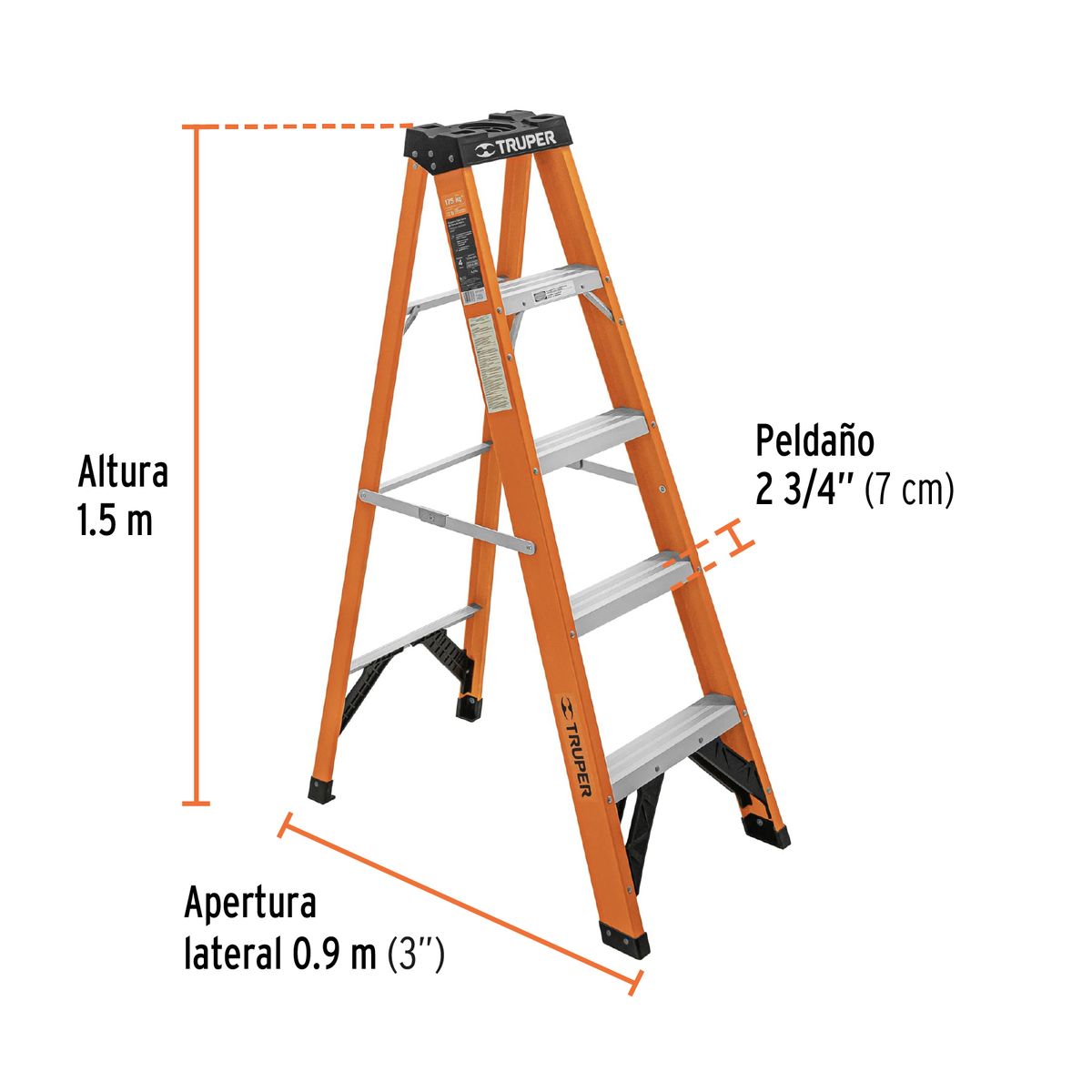 TRUPER - Escalera de tijera, tipo ll, 4 peldaños, fibra de vidrio