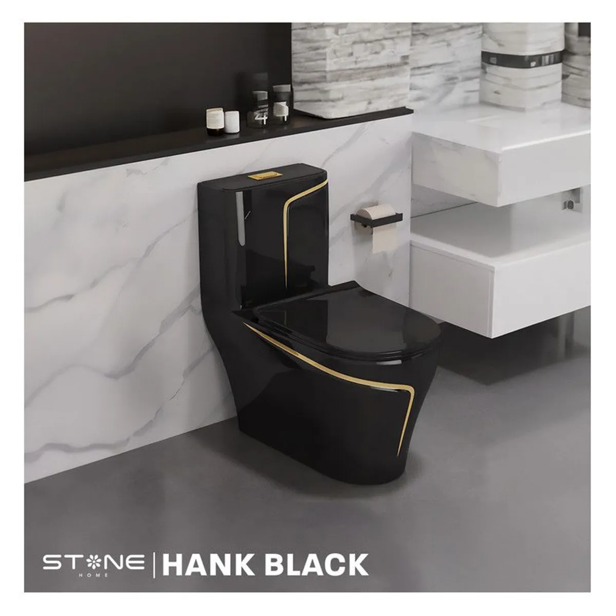STONE - INODORO MINIMALISTA HANK REDONDO NEGRO CDORADO STONE