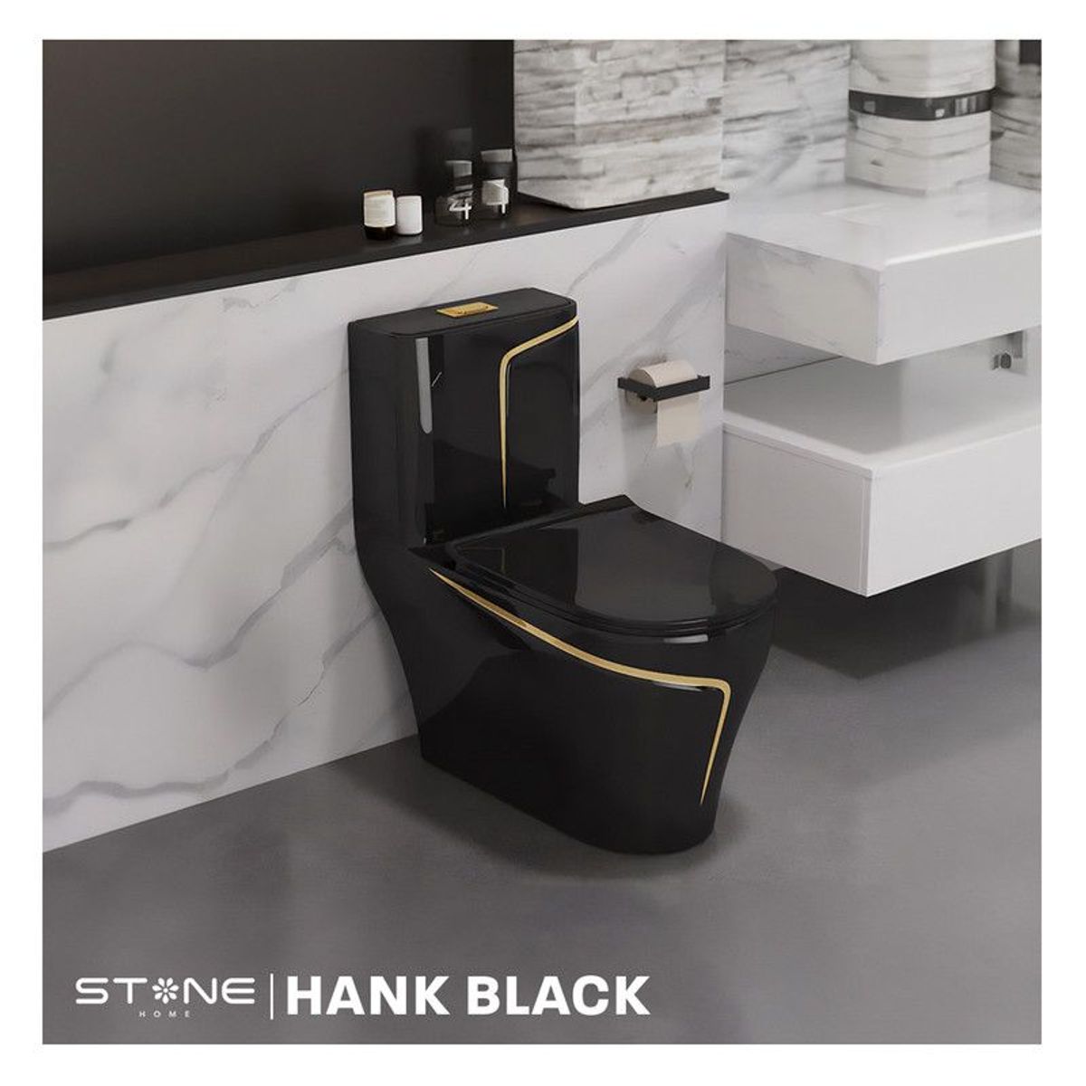 STONE - INODORO MINIMALISTA HANK REDONDO NEGRO CDORADO STONE