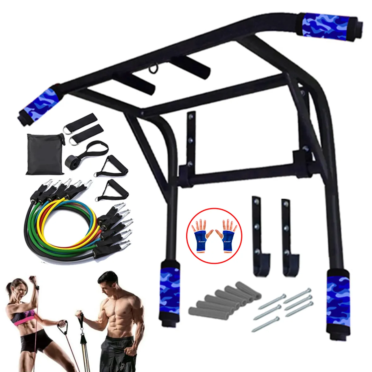 HOLGU - Barra multifuncional 2 en 1  + Pack 5 ligas + guantes