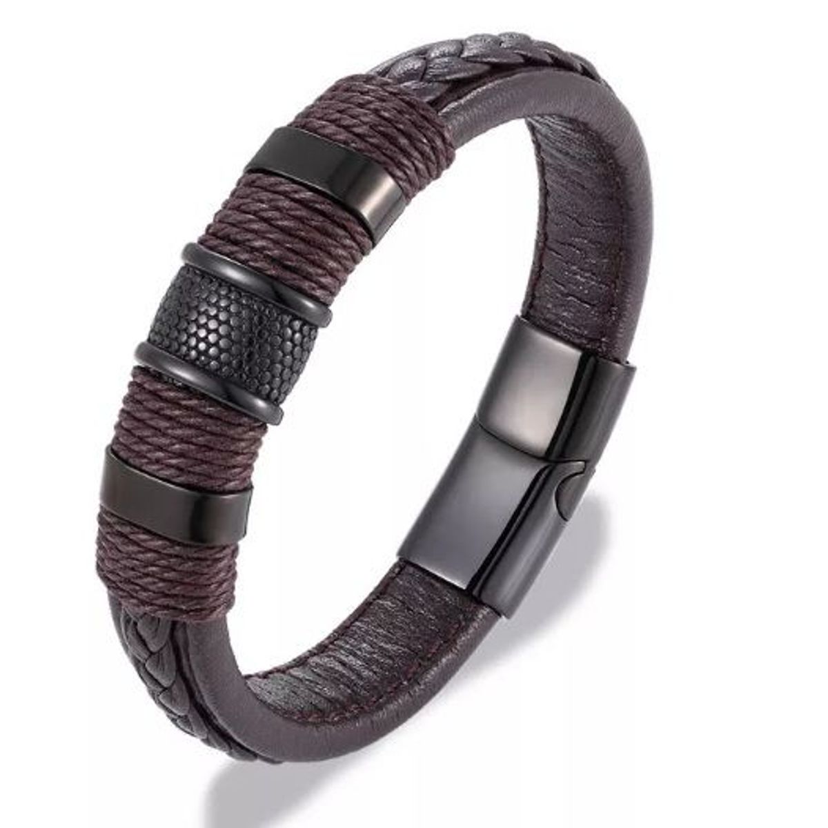 GENERICO - Pulsera Brazalete de Cuero Genuino Marrón y acero inoxidable