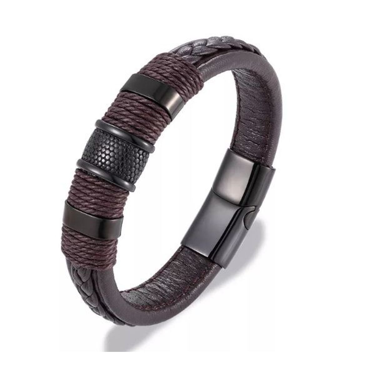 GENERICO - Pulsera Brazalete de Cuero Genuino Marrón y acero inoxidable