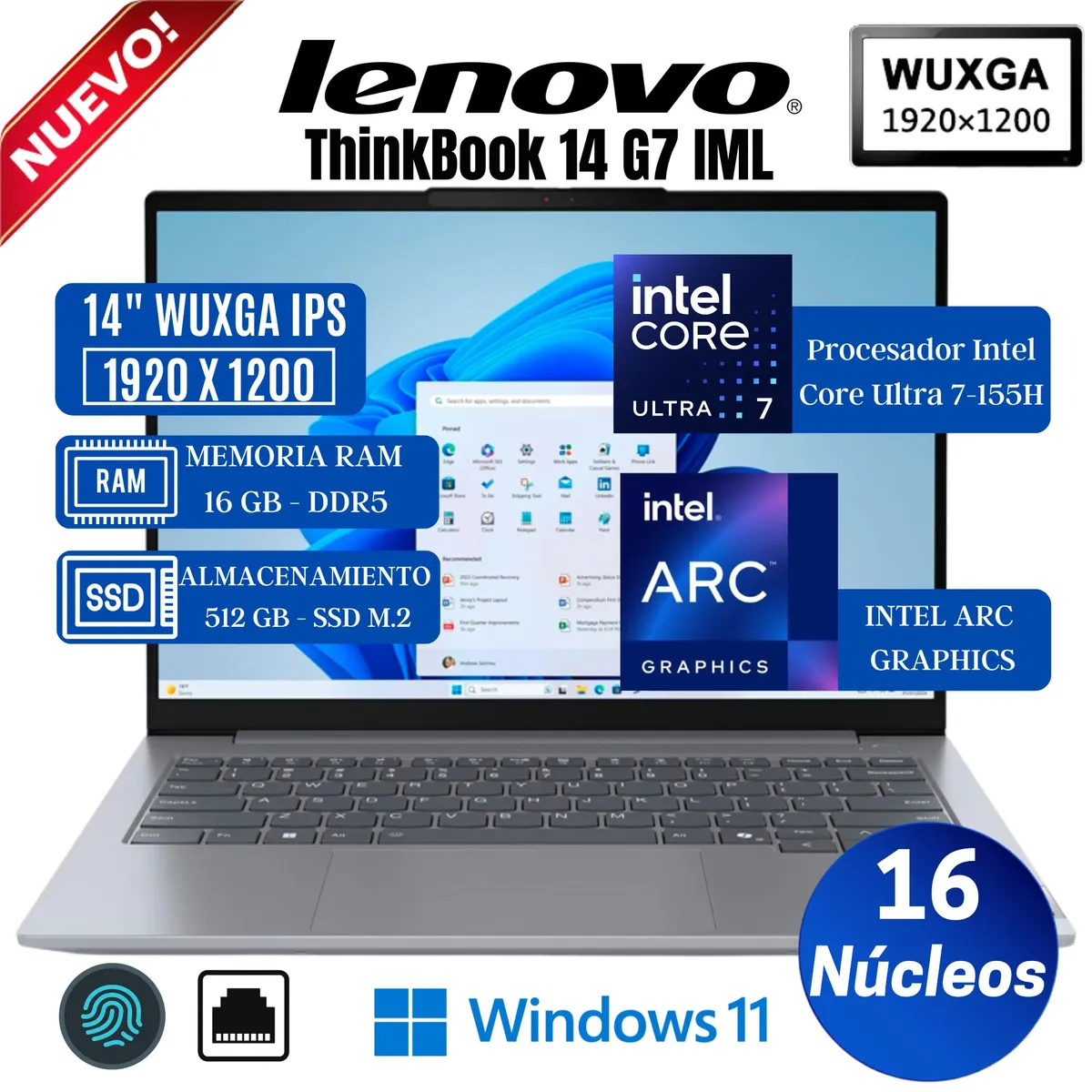 LENOVO - Laptop Lenovo ThinkBook 14 G7 IML 14" WUXGA IPS,Core Ultra 7-155H, Ram 16GB, Ssd 512GB, Win 11 Pro