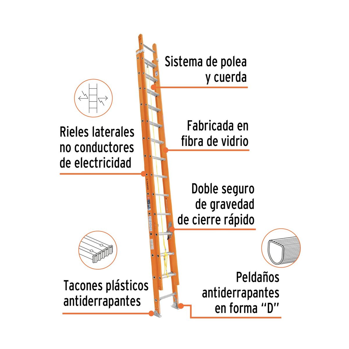 TRUPER - Escalera de extensión, tipo II, 20 peldaños, fibra de vidrio