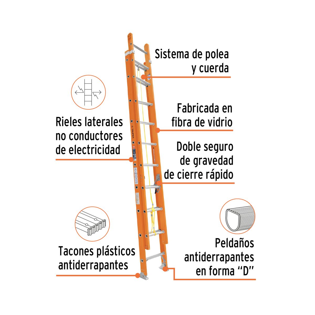 TRUPER - Escalera de extensión, tipo II, 28 peldaños, fibra de vidrio 100229 Truper