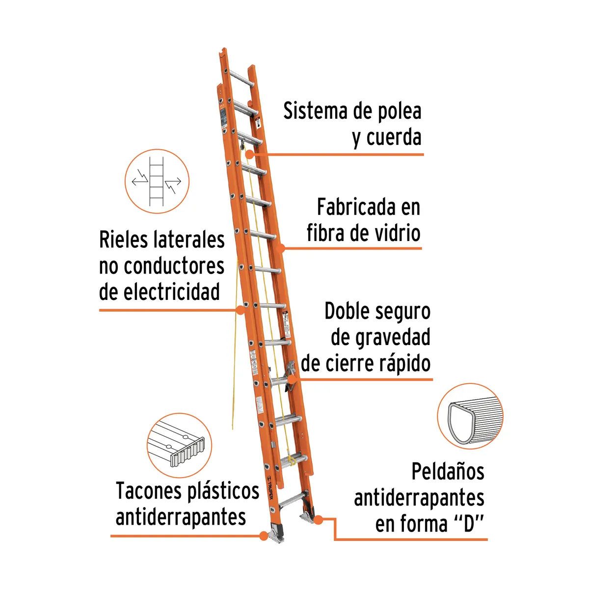 Truper - Escalera de extensión, tipo II, 24 peldaños, fibra de vidrio 16757 Truper