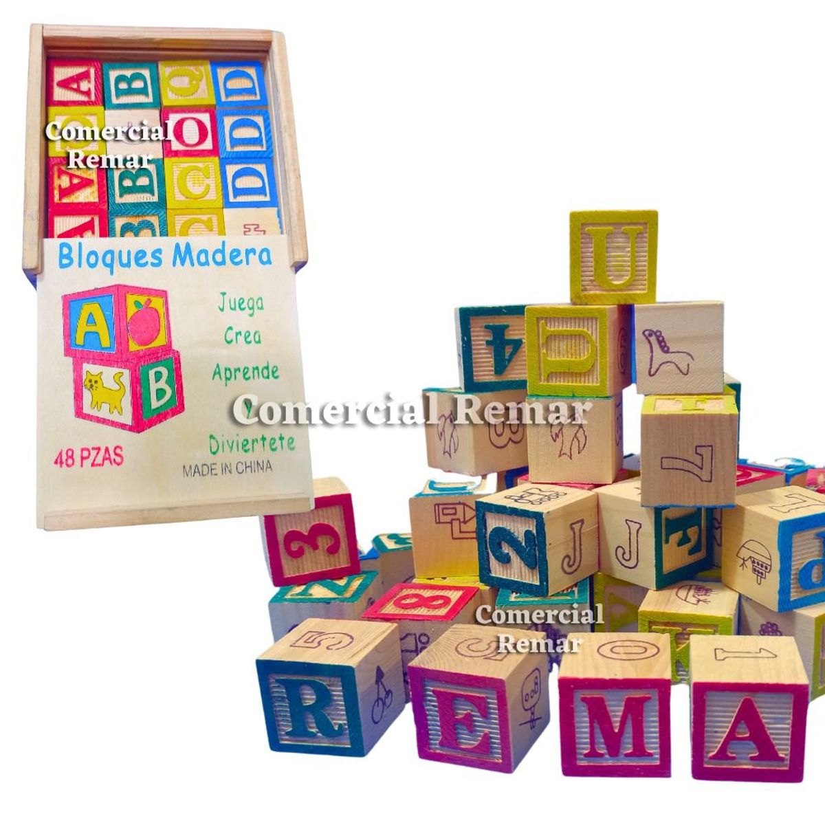 GENERICO - CUBOS DE MADERA DE 48 PIEZAS - JUEGO EDUCATIVO