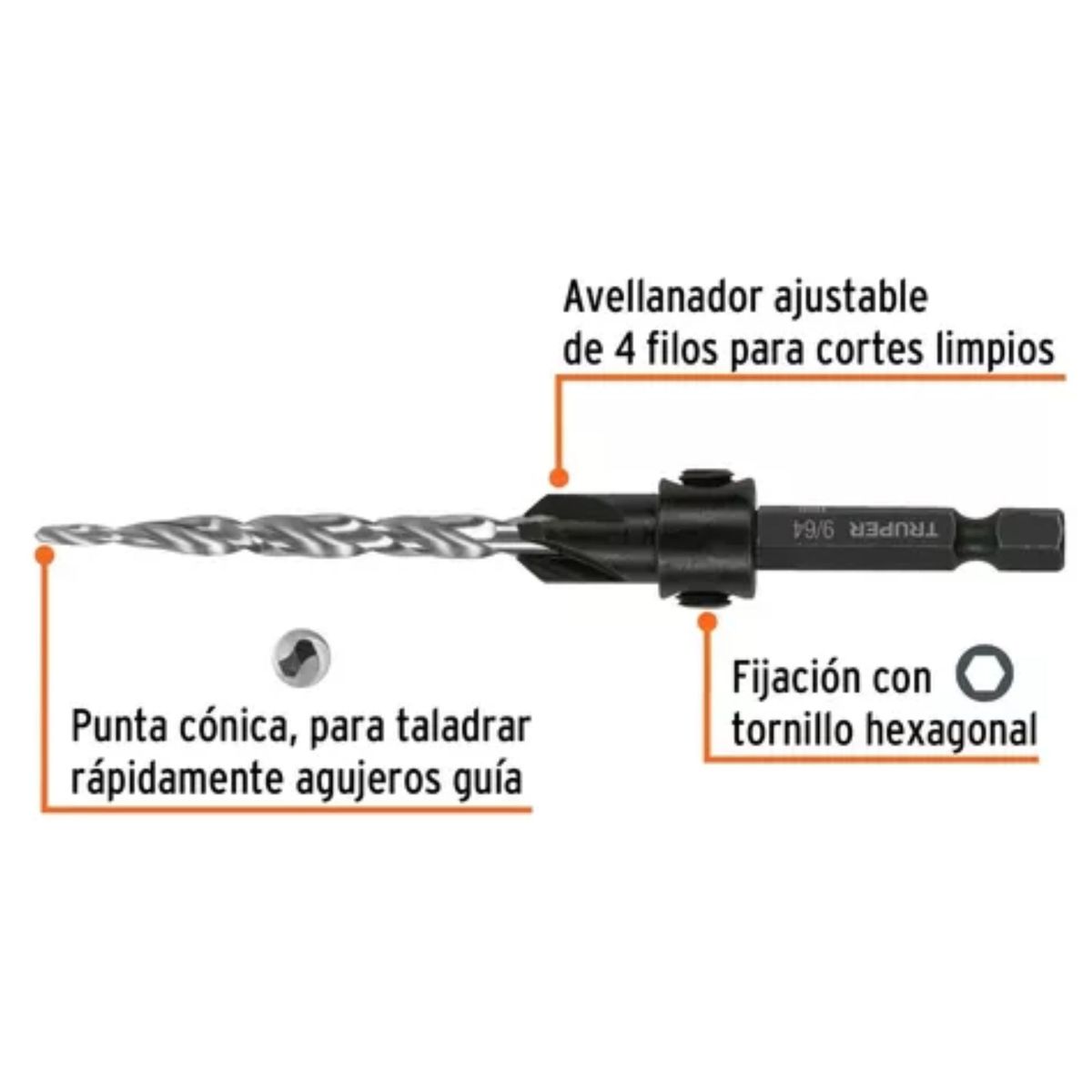 TRUPER - Brocas avellanadoras 3 unidades, llave Allen hexagonal, Truper