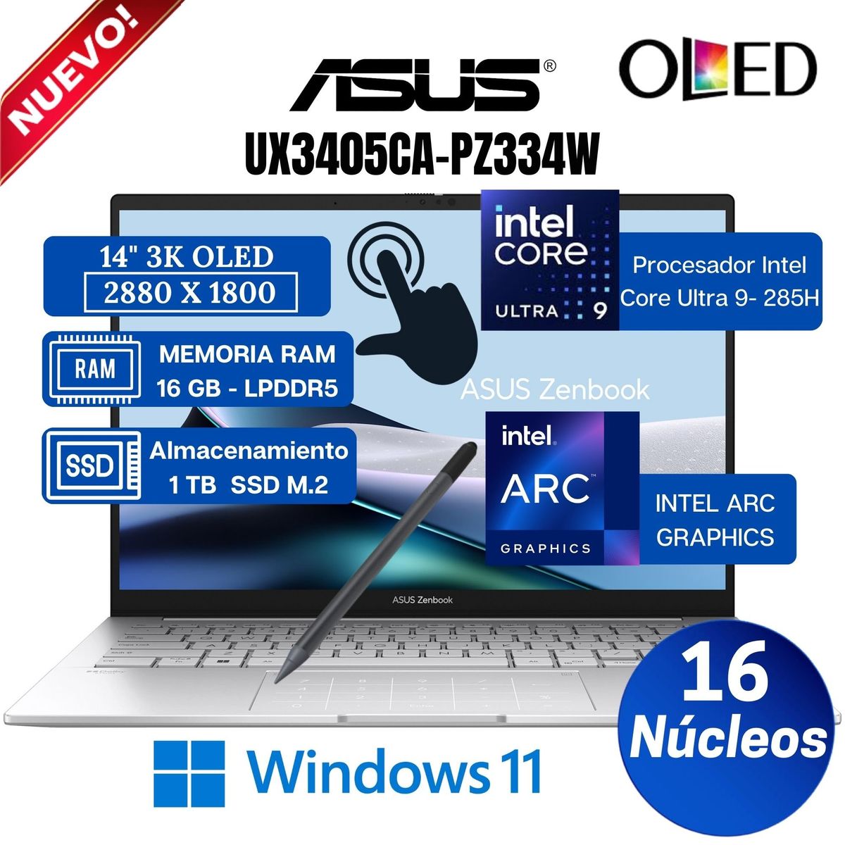 ASUS - Laptop ASUS Zenbook 14 UX3405CA-PZ334W 14" OLED Touch, Core Ultra 9-285H, Ram, 16GB, SSD 1TB, Win 11