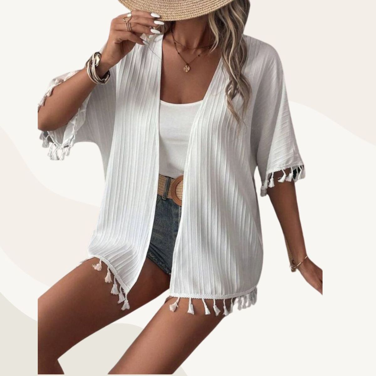 KAST PE - Kimono Corto Rosemary Blanco con borlas en la parte inferior - Talla M