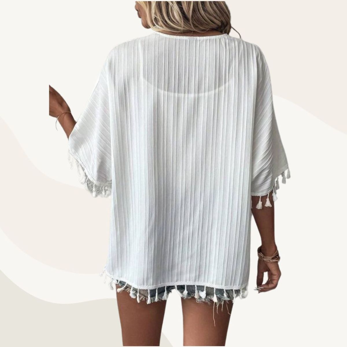 KAST PE - Kimono Corto Rosemary Blanco con borlas en la parte inferior - Talla M