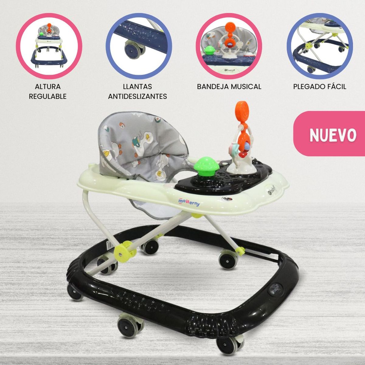EBABY - Andador con bandeja divertida para Bebés «CRISTAL» Black