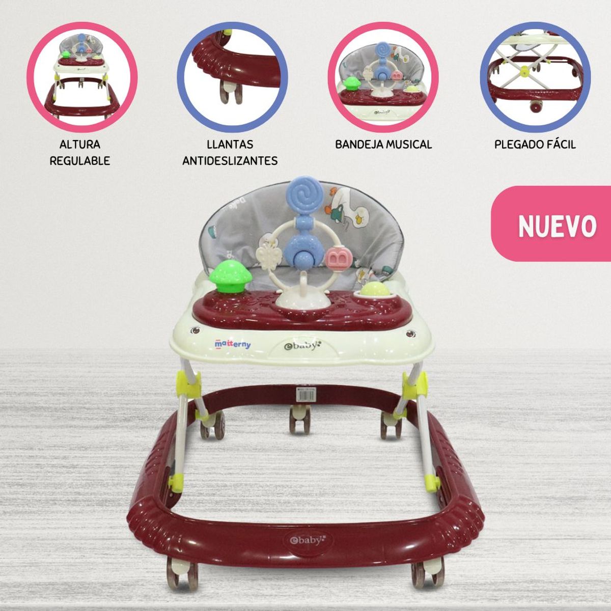 EBABY - Andador con bandeja divertida para Bebés «CRISTAL» Red