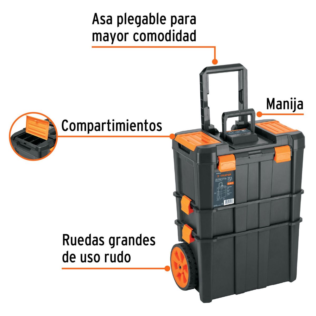 TRUPER - Caja de herramientas con ruedas, carro desmontable 3 en 1