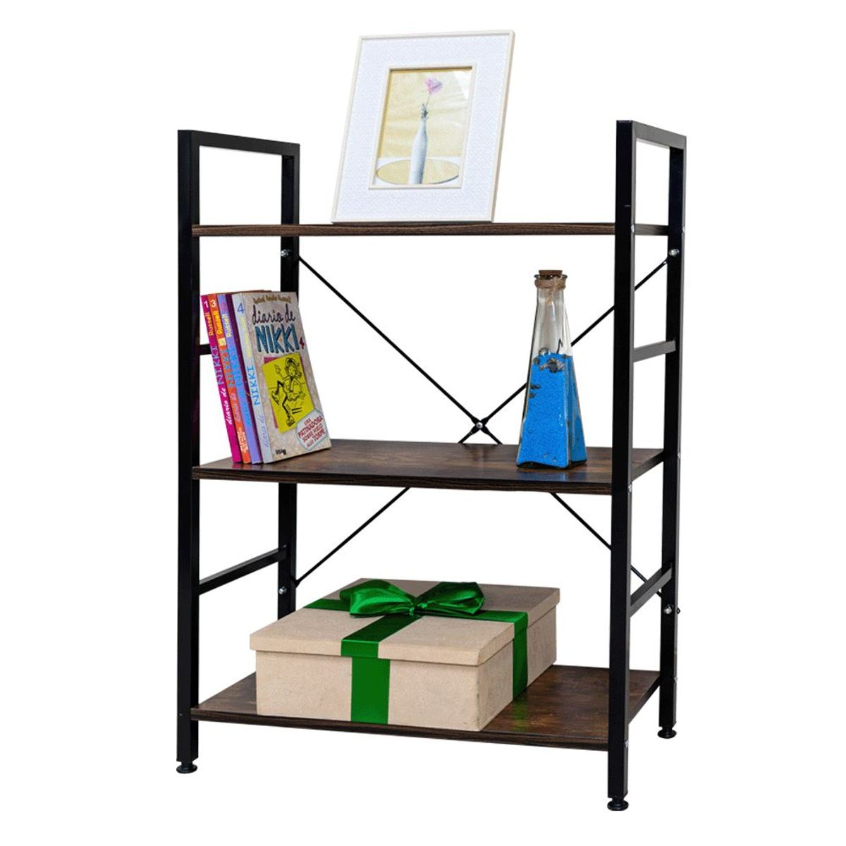 INIUS - Mueble Organizador Estante de Metal Leesi  3 divisiones - Color Marrón