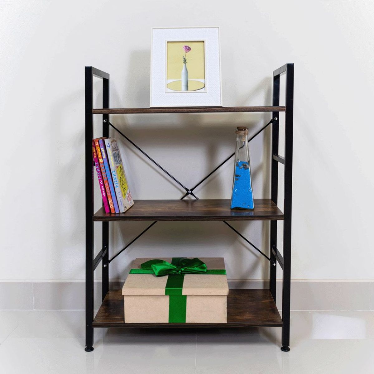 INIUS - Mueble Organizador Estante de Metal Leesi  3 divisiones - Color Marrón