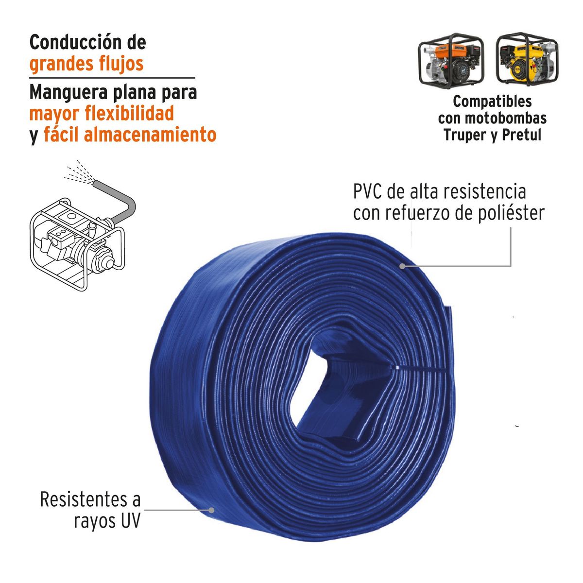 TRUPER - Rollo de manguera rígida 2" descarga para motobomba, rollo 30 m Truper