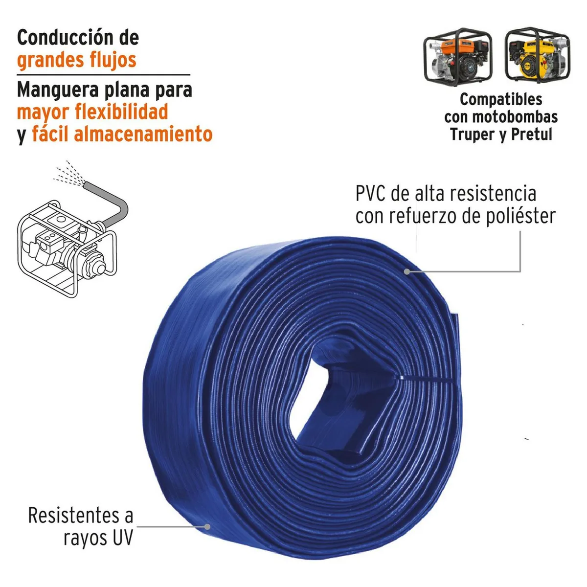 TRUPER - Rollo de manguera plana de 2 x 100m de descarga para motobomba Truper