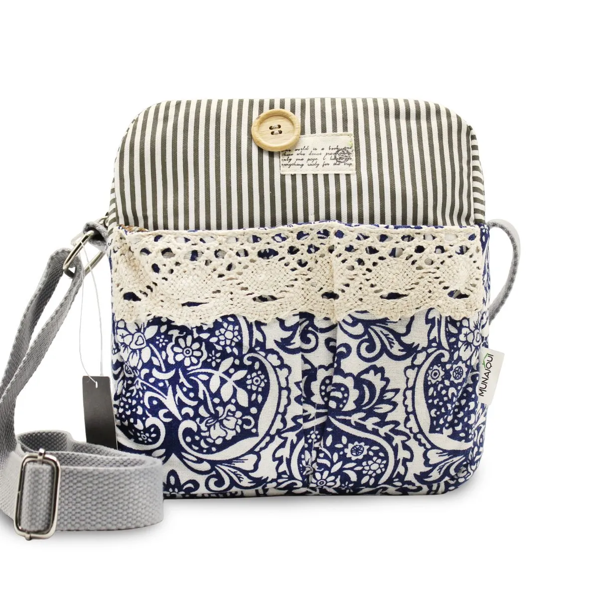 MUNAIQUI - Morral para dama modelo Floral azul con blonda de lona algodonada