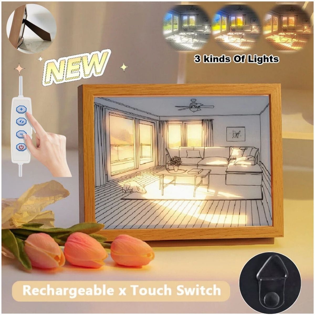 TRENDS - Cuadro Lámpara LED Decorativo Marco de Madera 3 Modos de Luz Graduable