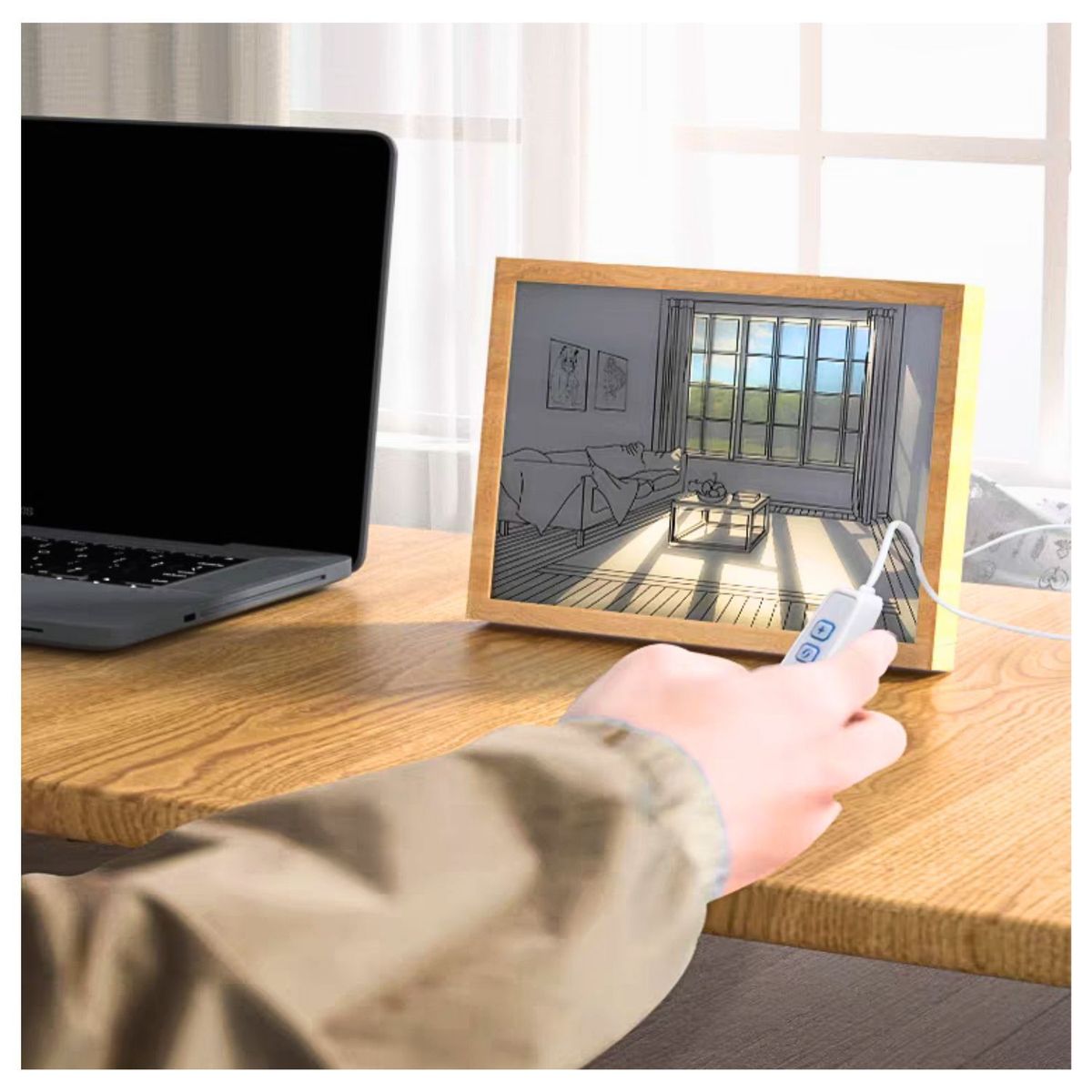 TRENDS - Cuadro Lámpara LED Decorativo Marco de Madera 3 Modos de Luz Graduable