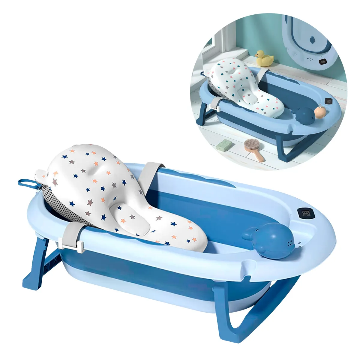 BABYPAL - Bañera Plegable para Bebe con Cojin Termostato Segura Azul
