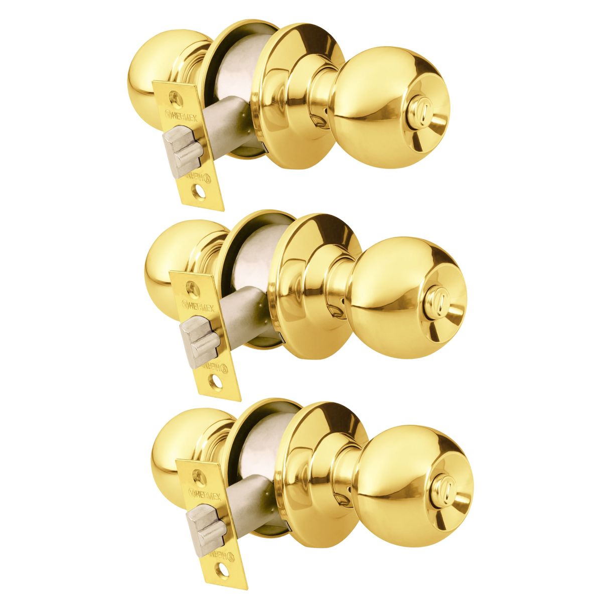 HERMEX - Cerradura de pomo chapa bola dorado pack 3 unidades Hermex - Dormitorio