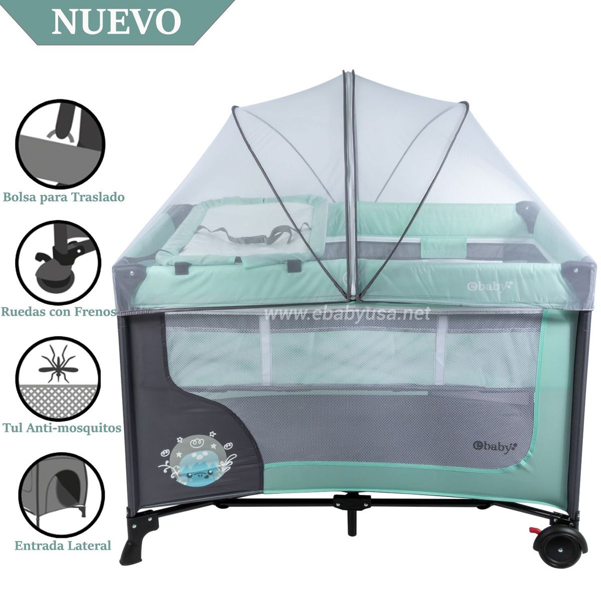 EBABY - Cuna Corral Ebaby con Cambiador Happy Dream Verde