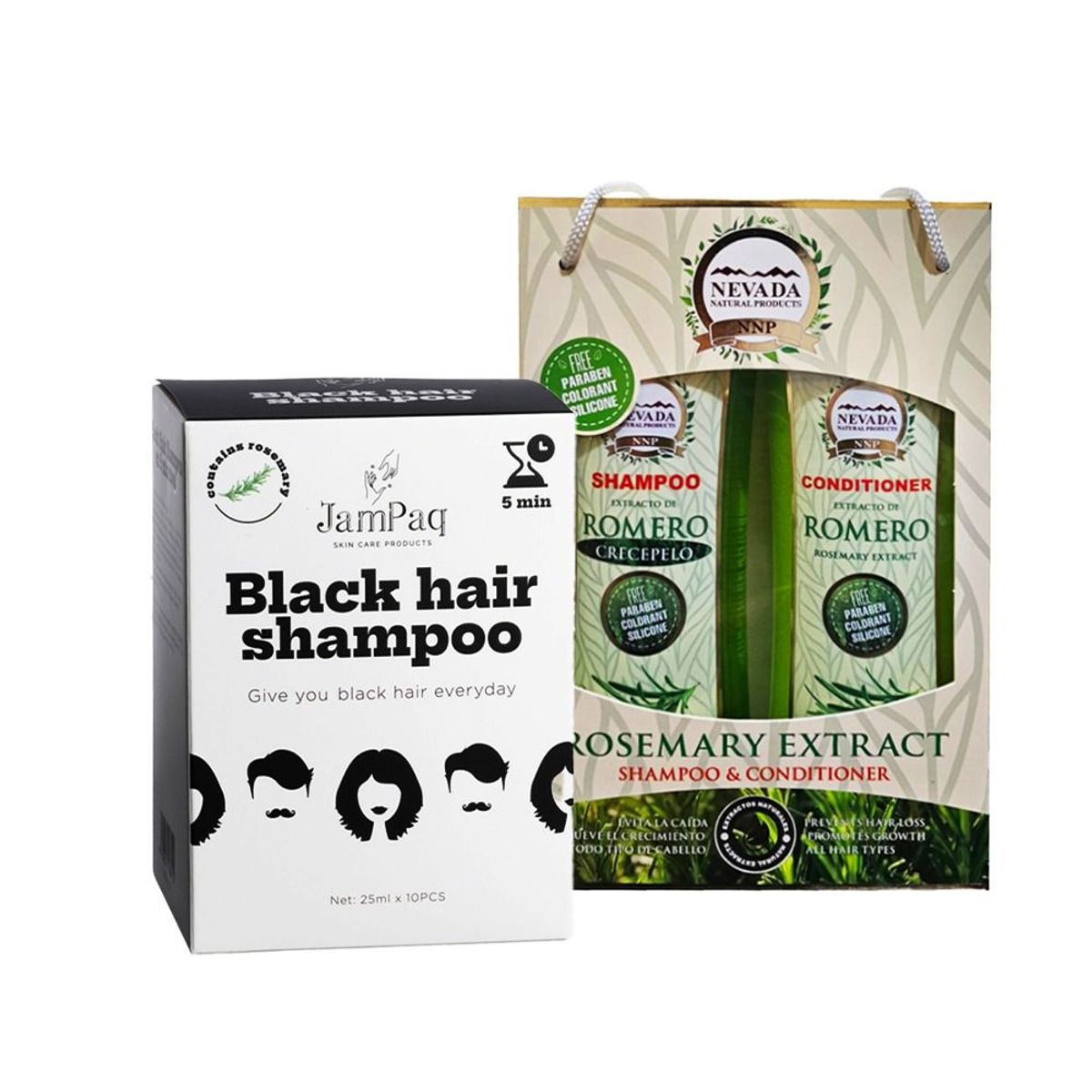 NEVADA NATURAL PRODUCTS - Shampoos Romero Crecepelo Acondicionador y cubre Canas Negro JamPaq