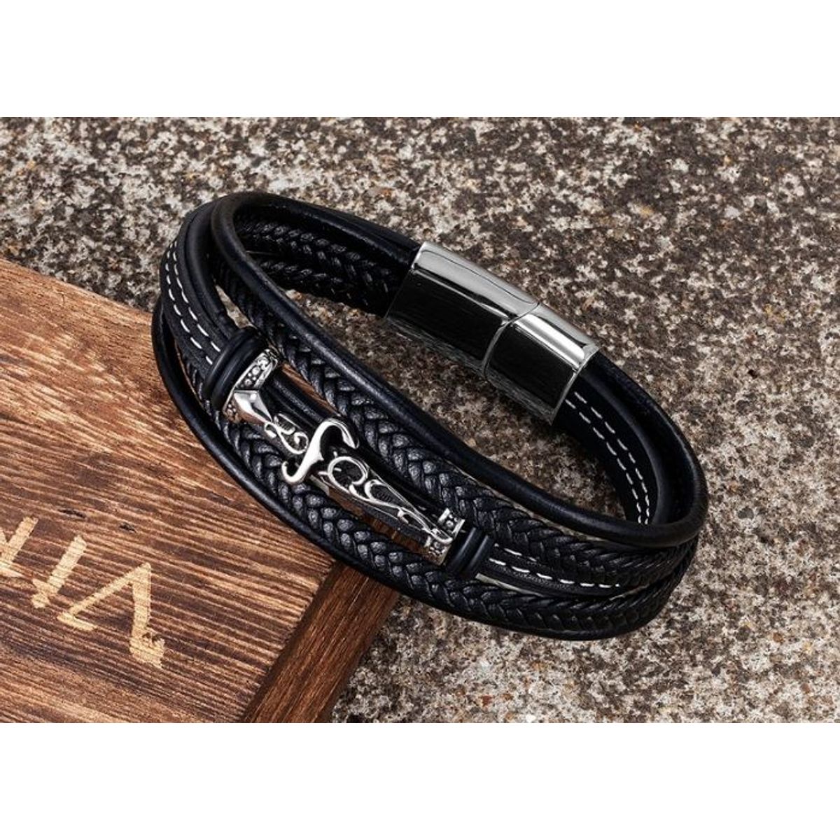 GENERICO - Pulsera Brazalete de Cuero Negro Cuerdas con Espada Acero Inoxidable