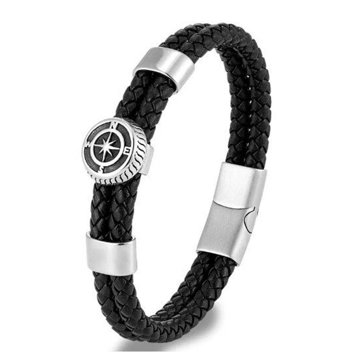 GENERICO - Pulsera de Cuero Negro Brújula y Acero Inoxidable  Hombres