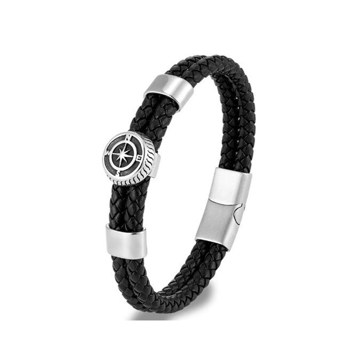 GENERICO - Pulsera de Cuero Negro Brújula y Acero Inoxidable  Hombres